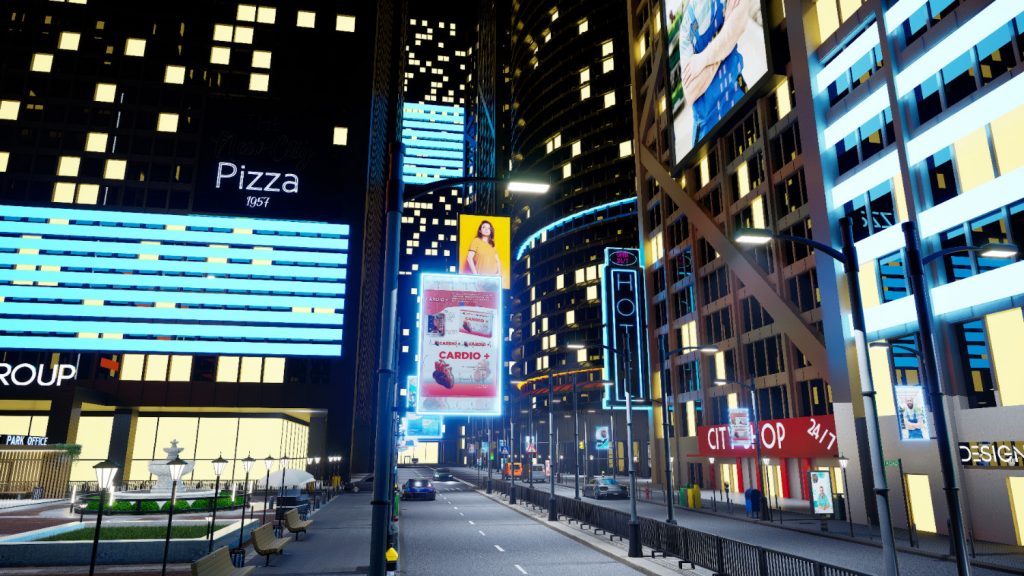 Smart City Initiatives in Southeast Asia: Illuminated cityscape at night with neon signs, skyscrapers, and a few cars on the road.